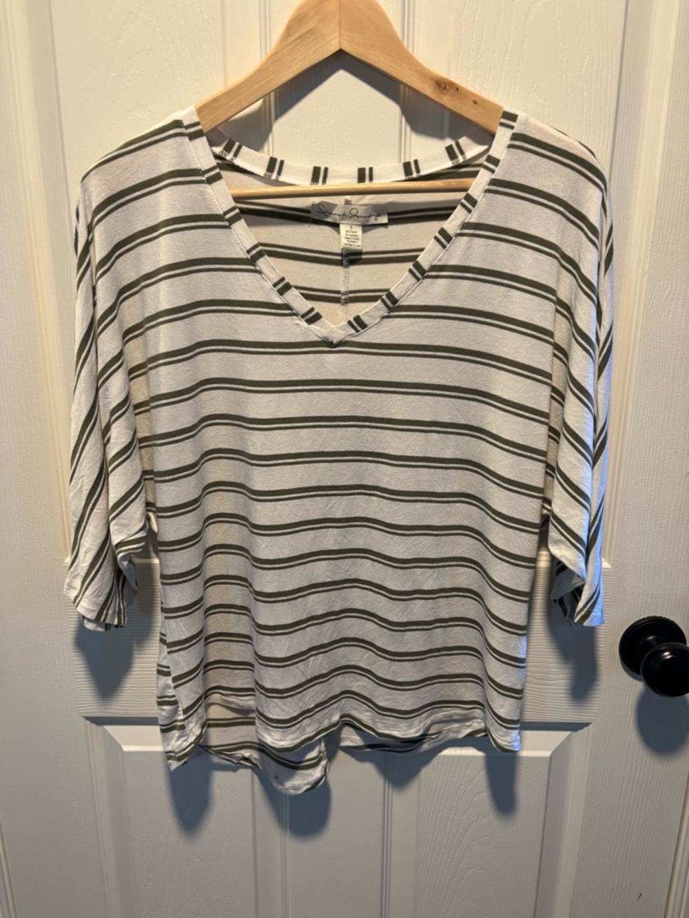 French Laundry White V-Neck Short Sleeve Top with Olive Stripes